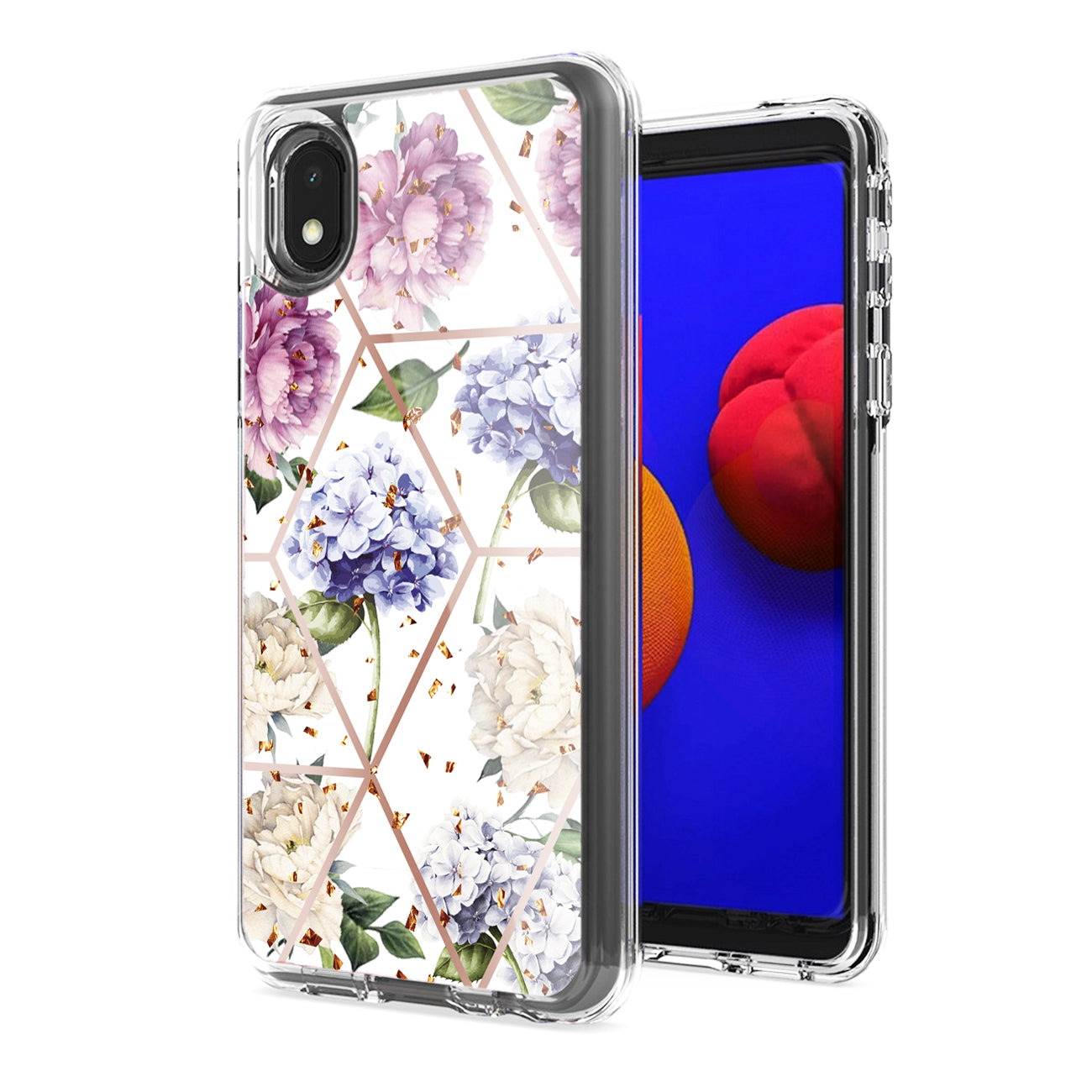 Flower Design Pattern Printing Dual Layer Hybrid Hard Plastic and Soft TPU Rubber Case Cover for SAMSUNG GALAXY A01 CORE In Light Purple Base Flower